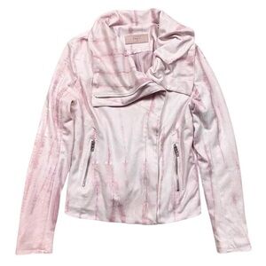 Blank NYC Faux Suede Tie Dye Marbled Draped Front Moto Jacket Cream Pink Size S